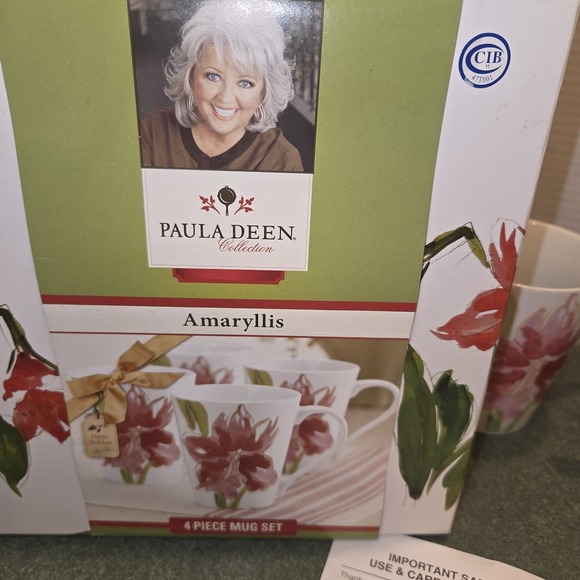 Paula Deen Set Of 4 Mugs Floral Amaryllis NOS Box 11 Oz - Picture 5 of 9